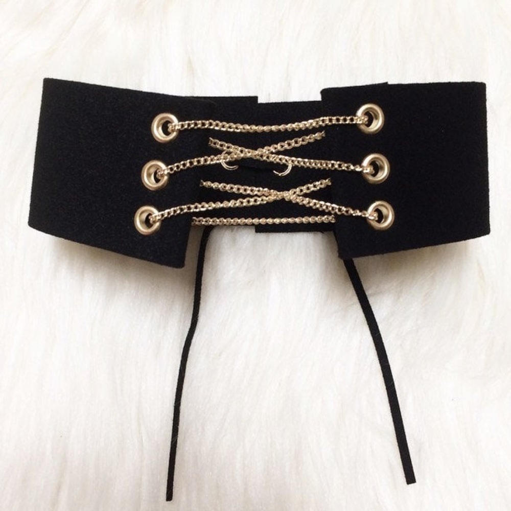 Black Suede Wide Choker Necklace Gold Chains